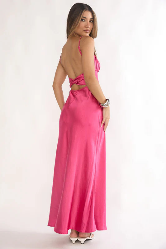 Paula Maxi Dress - Fuchsia Pink Satin Slip Dress