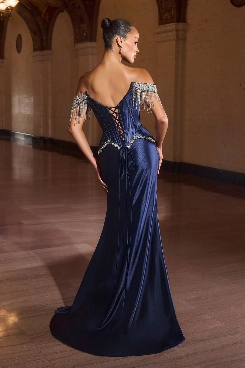 Cordelia Gown - Off Shoulder Fringe Peplum Corset Dress