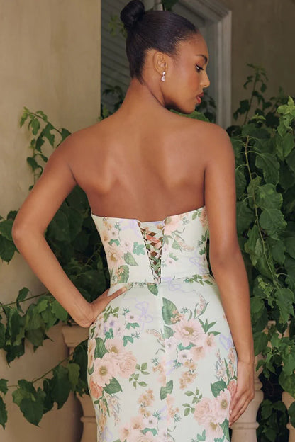 BRIANNA GOWN - STRAPLESS SAGE FLORAL CHIFFON GOWN WITH SCARF