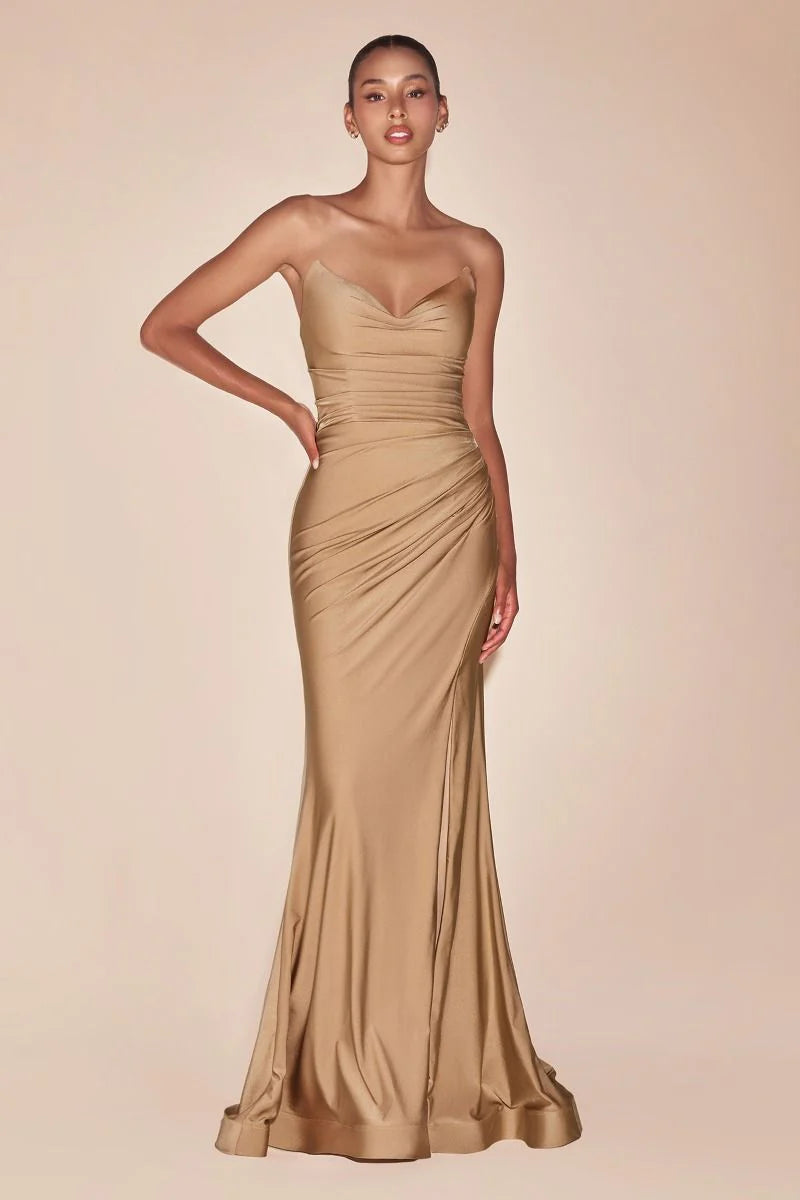 AVA POINTED V-NECKLINE GOWN - STRAPLESS STRETCH SPANDEX SATIN FITTED DRESS