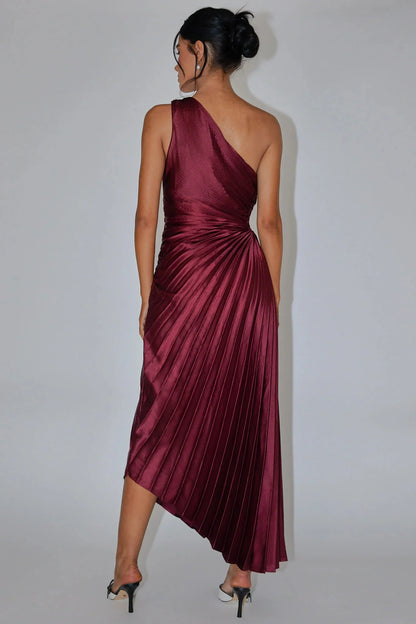 Panama Maxi Dress - Wine - Pleated Dress With Side Cut Out