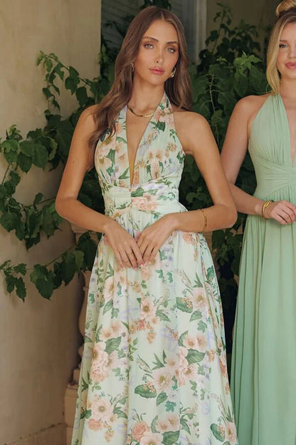CHEYENNE GOWN - SAGE FLORAL CHIFFON HALTER DRESS