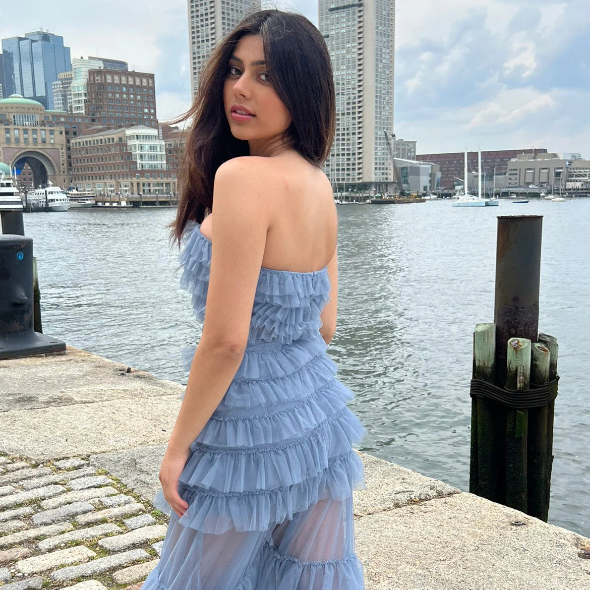 Georgia Maxi Dress - Smoky Blue - Ruffle Tulle Dress With Sheer Detail