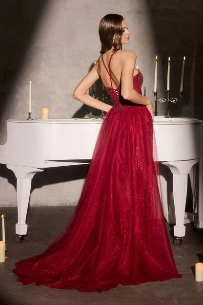 Chevonne Gown - Beaded Halter Dress With Overskirt