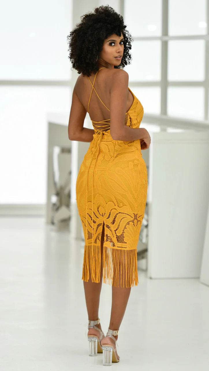 Khaleesi Dress - Mustard - Lace Dress With Fringe