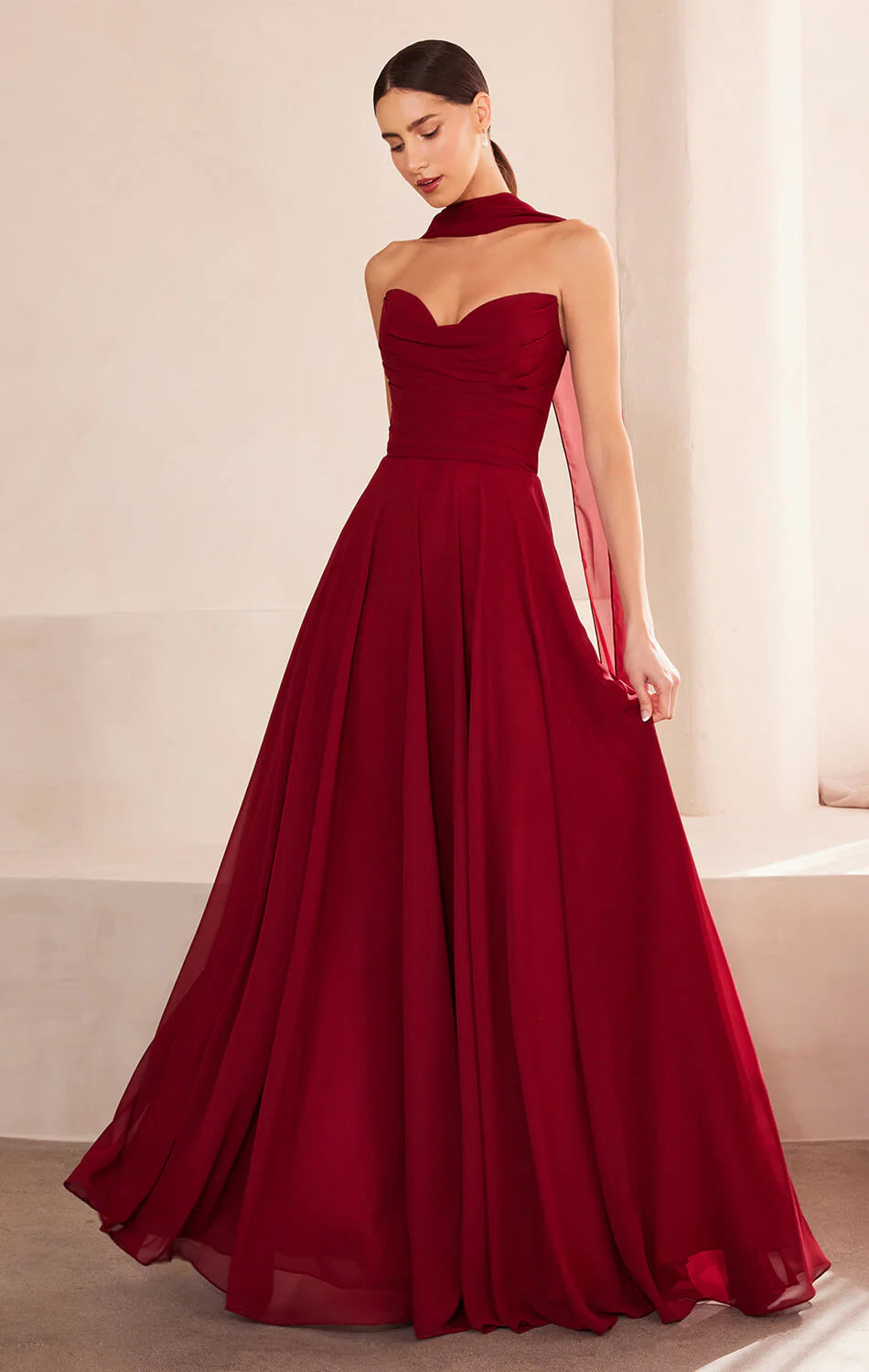 Ella Gown - A-line Strapless Chiffon Dress With Scarf