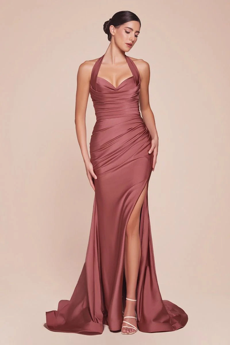 Autumn Gown - Stretch Spandex Satin Halter Fitted Dress