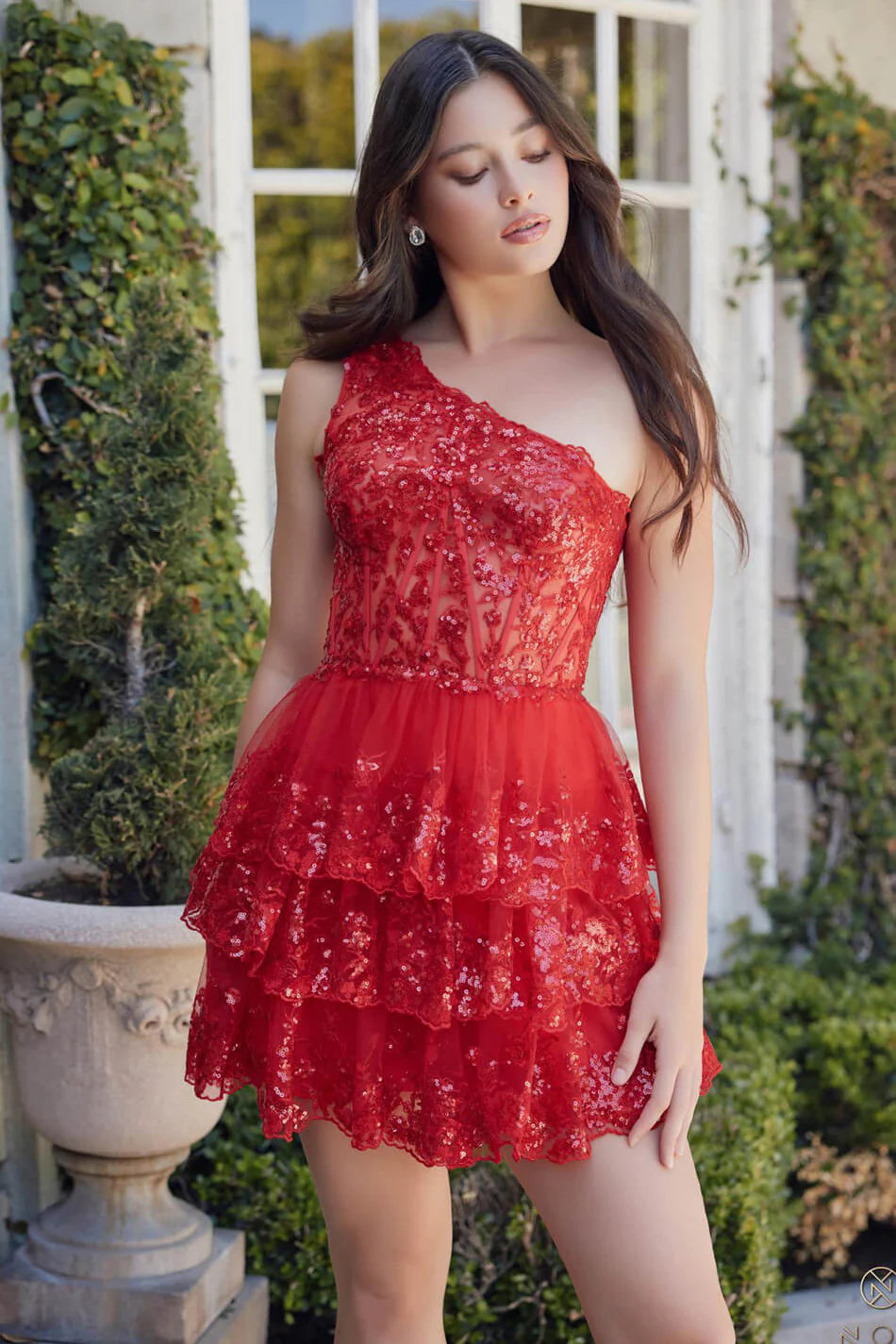 CHRISTIE MINI DRESS - RED - ONE SHOULDER TIERED SHORT DRESS