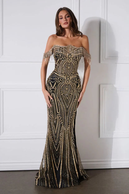 Astoria Gown - Off The Shoulder Crystal Fringe Dress