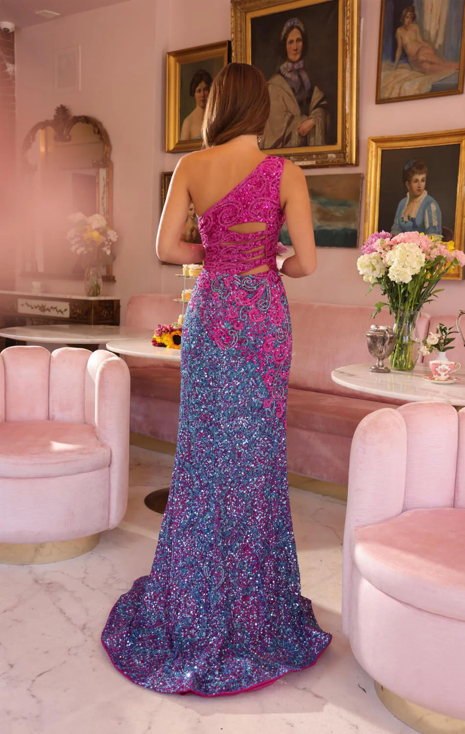 47039 - Ava Presley - One Shoulder Beaded Dress with Cut-outs